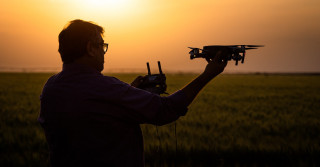 Tecnologia no campo. Drone em plantação de trigo