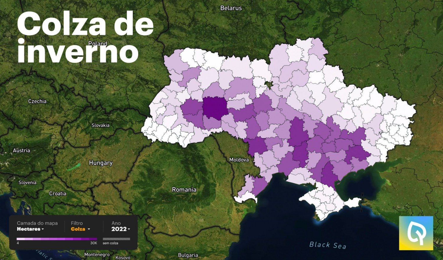 Mapa com a distribuição da colza de inverno por região na Ucrânia