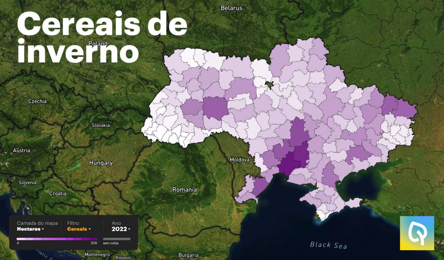 Mapa com a distribuição das culturas de inverno por região na Ucrânia