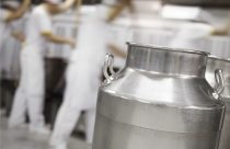 milk container in the foreground in a dairy factory;