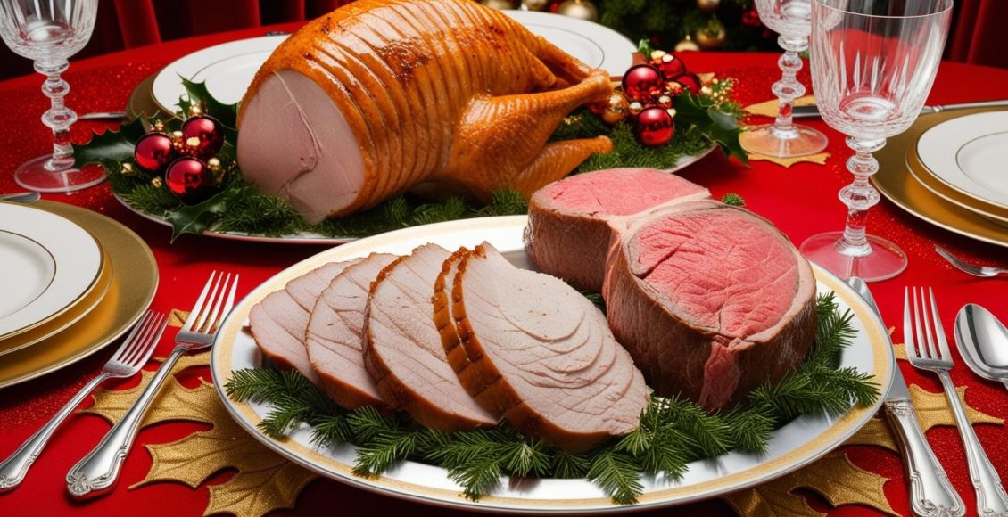 carne Chester, carne peru e carne tender em uma mesa posta de natal (1)