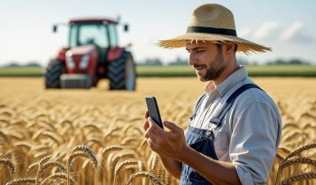 agricultor usando celular com VPN durante operacao de colheita da lavoura no campo