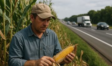 produtor rural colhendo milho nas margens de uma rodovia movimentada