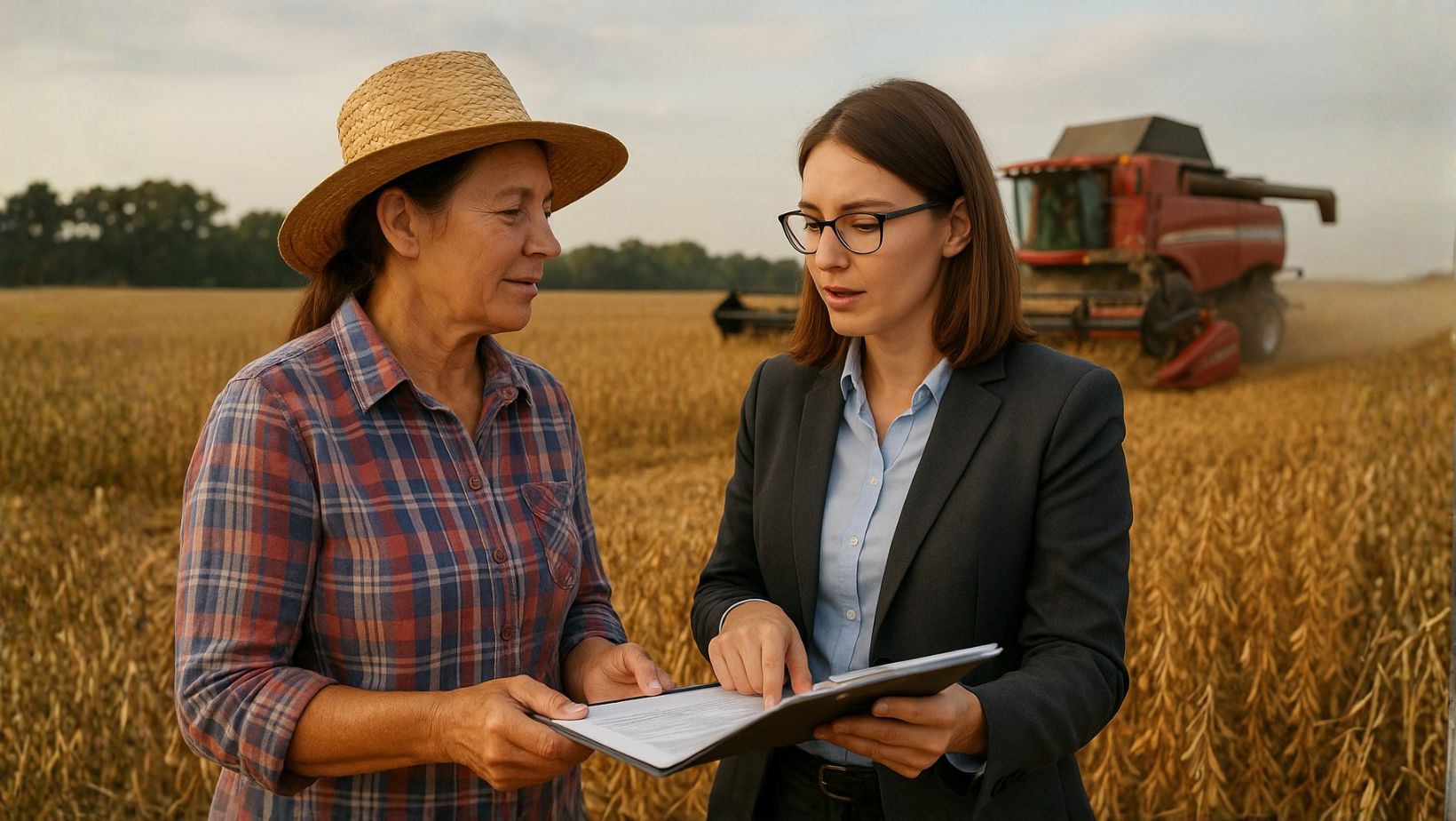 agente financeira apresentado plano de credito rural com juros baixos - ao fundo colheita de soja