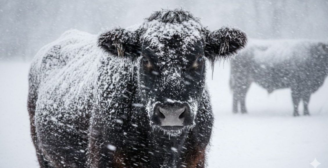 vaca da raca angus no frio congelante - vaca congelada