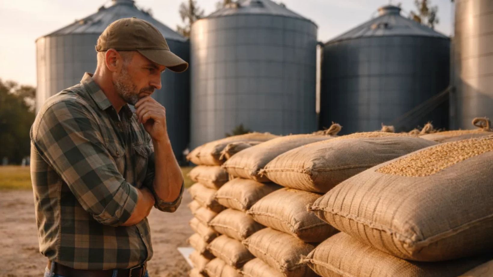 agricultor olhando para os sacos de graos - recuperacao judicial