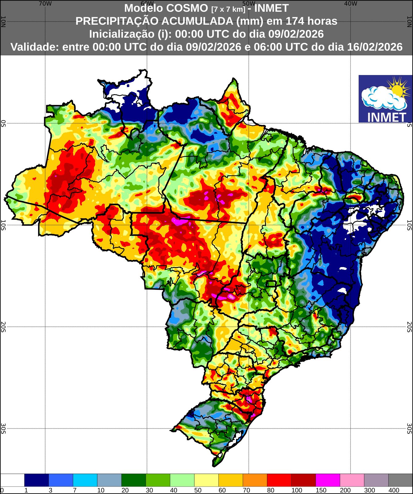 Figura 1: Previsão de chuva acumulada (9 a 16 de fevereiro de 2026). Fonte: INMET