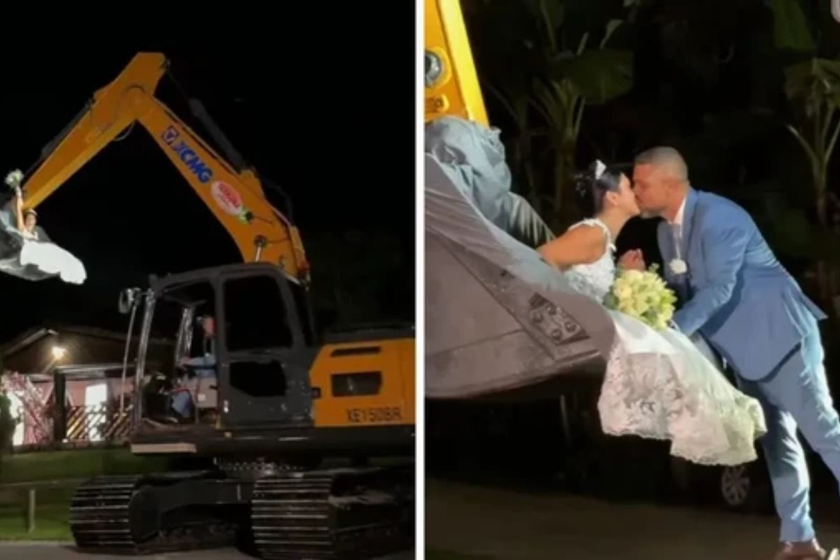 Casamento viraliza no agro: Noiva faz entrada épica em escavadeira operada pelo próprio noivo